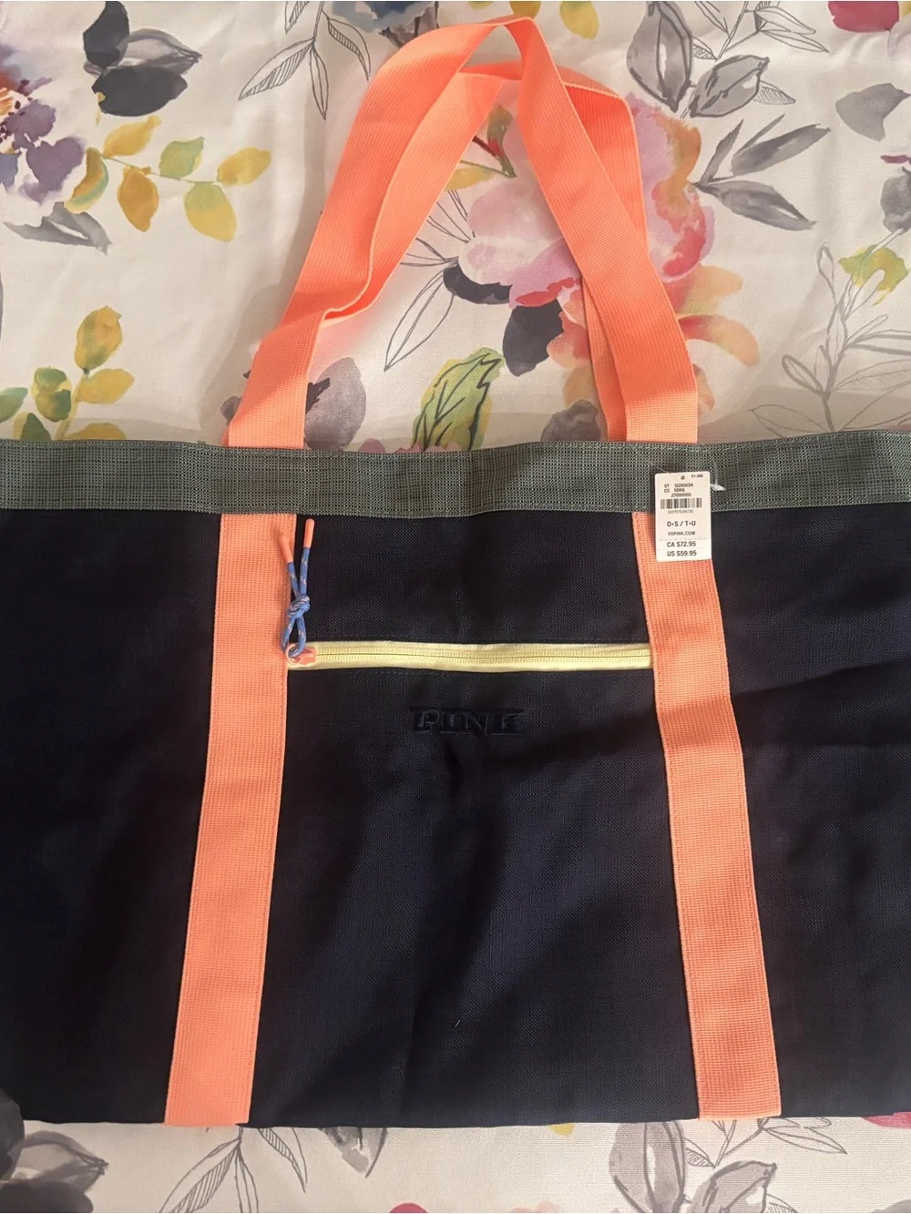 PINK Victoria's Secret Navy Tote with Orange Straps and Yellow Zip